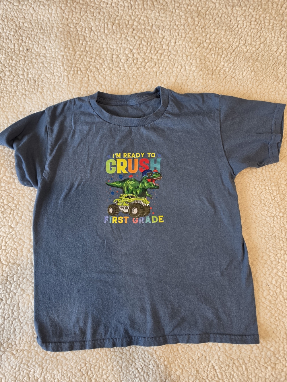 Gildan Navy Blue Kids T-Shirt with Green Dino & Multicolor Monster Truck Graphic
